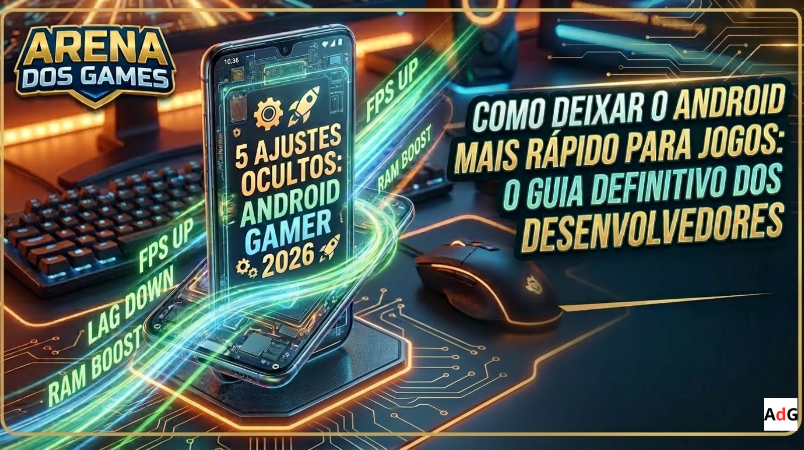 Banner tecnológico com um smartphone futurista em destaque mostrando o menu de opções do desenvolvedor. Ao redor do celular, feixes de luz verde neon com as palavras FPS UP e RAM BOOST. No lado direito, o título 'Como deixar o Android mais rápido para jogos: O guia definitivo dos desenvolvedores'. No canto superior esquerdo, o logotipo dourado e azul do Arena dos Games.