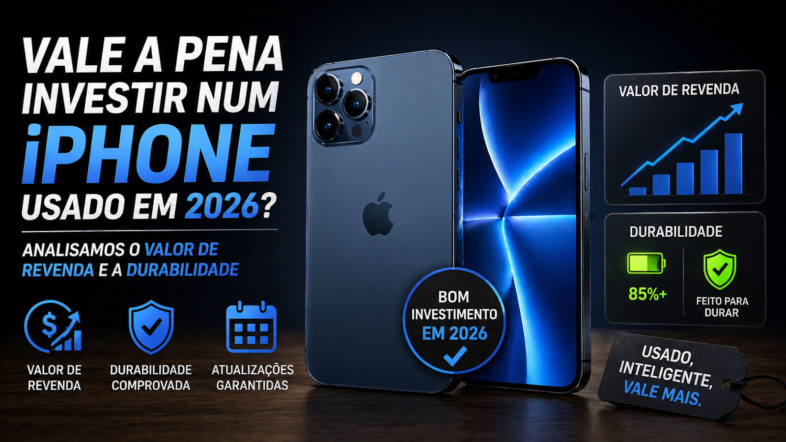 crie uma imagem 16:9 pro post Vale a pena investir num iPhone usado em 2026? Analisamos o valor de revenda e a durabilidade sem muita poluiçao de palavras
