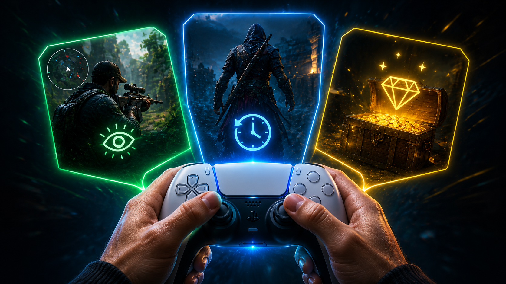 Pessoa segurando um controle de videogame enquanto três painéis luminosos exibem recursos ocultos de jogos, incluindo visão tática, habilidades especiais e recompensas secretas. A cena possui iluminação neon azul, verde e dourada, com visual futurista e atmosfera de descoberta, destacando funções escondidas que podem transformar a experiência de jogo.