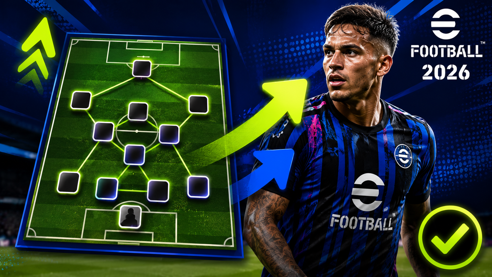 Thumbnail sobre eFootball 2026 mostrando uma formação tática em um campo virtual iluminado em verde neon, com setas indicando estratégias de jogo e um jogador de futebol em destaque ao lado. A imagem utiliza tons de azul e verde com visual moderno e competitivo, representando o meta tático e as melhores formações para vencer partidas no eFootball 2026.