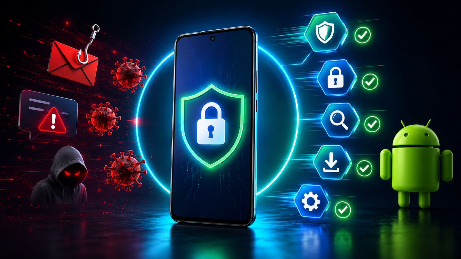 Smartphone protegido por escudo digital representando segurança contra vírus, golpes e aplicativos perigosos.