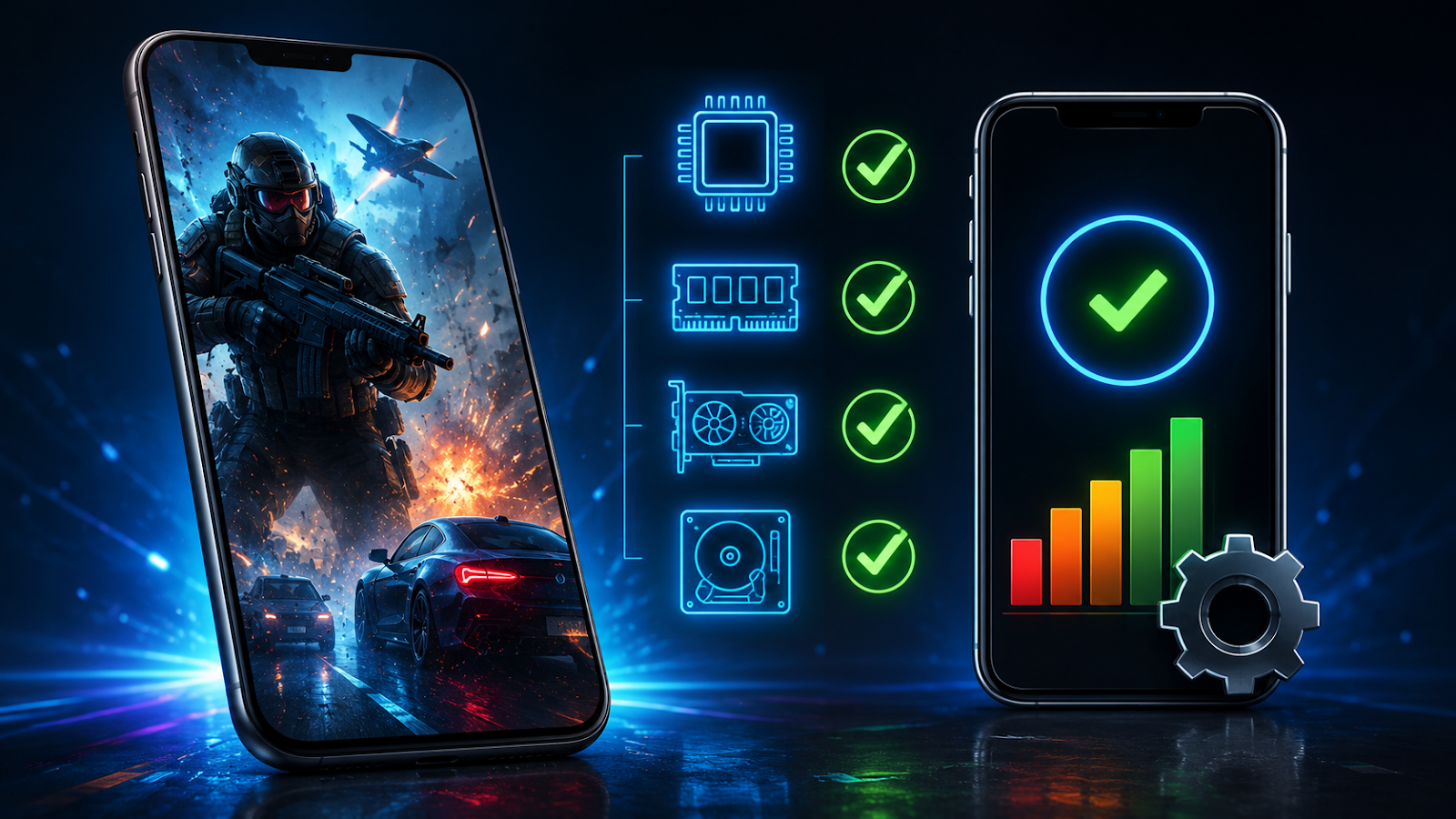 Smartphone Android exibindo especificações de hardware e compatibilidade com jogos modernos.