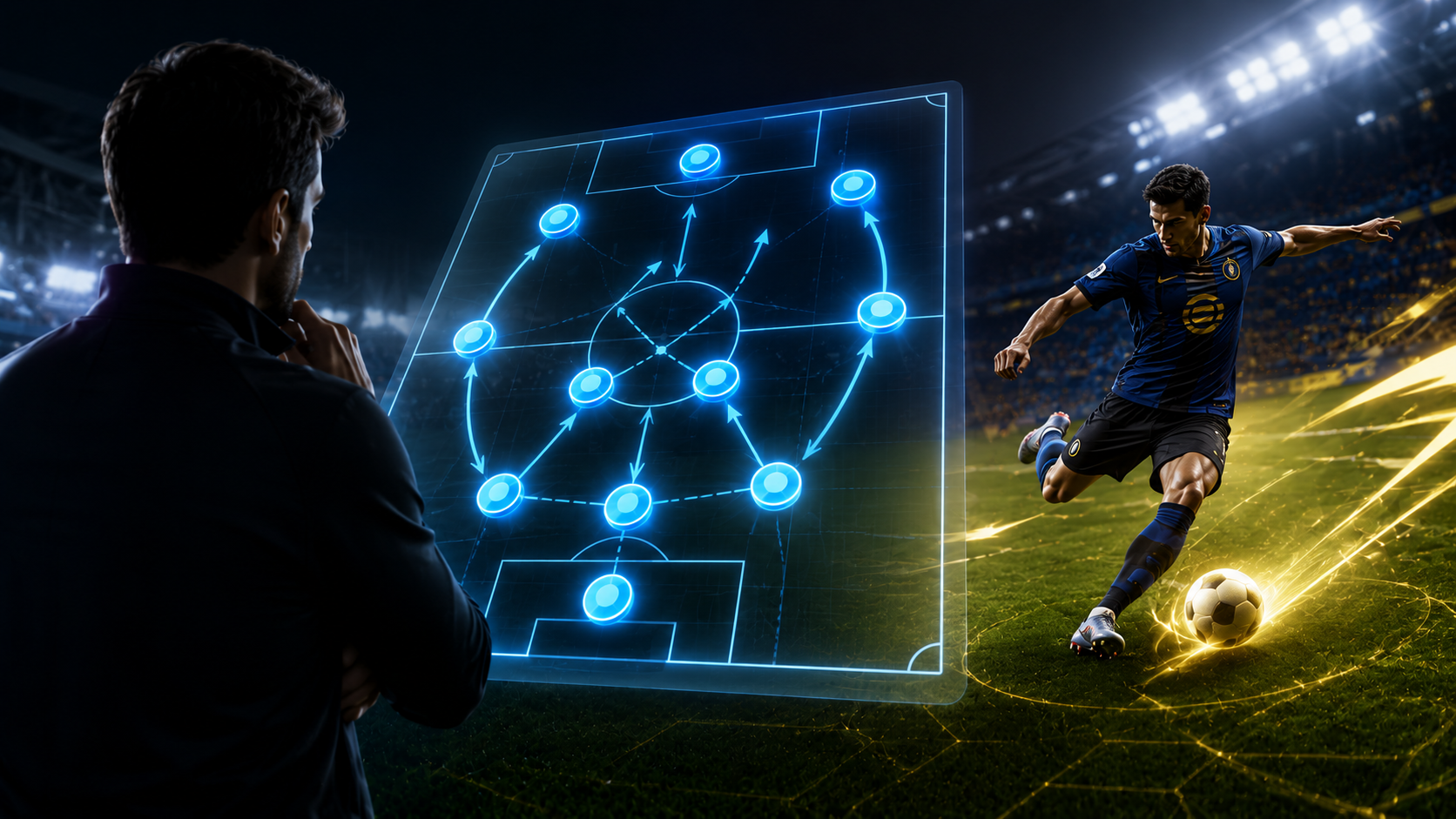 Treinador de futebol observa um painel holográfico gigante com uma formação tática avançada iluminada em azul no centro de um estádio moderno. Ao lado, um jogador executa um chute poderoso com efeitos de luz dourada e sensação de velocidade. O cenário combina estratégia, tecnologia e competitividade, destacando o conceito de táticas ocultas e formações otimizadas para vencer mais partidas no eFootball 2026. A composição tem estilo cinematográfico, alta definição e formato horizontal 16:9.