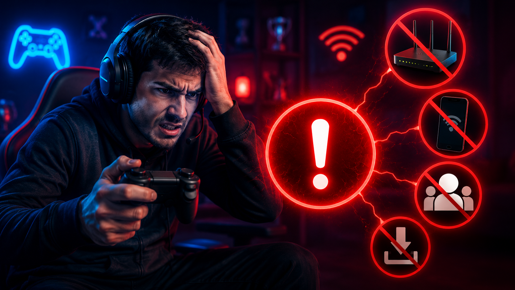Jogador segurando um controle em um quarto gamer iluminado por luzes neon vermelhas e azuis, demonstrando frustração com problemas de conexão. Ao lado, ícones de alerta destacam erros comuns que afetam partidas online, incluindo sinal de internet instável, downloads em segundo plano, roteador com problemas e interrupções na rede, simbolizando falhas que prejudicam a experiência de jogo.