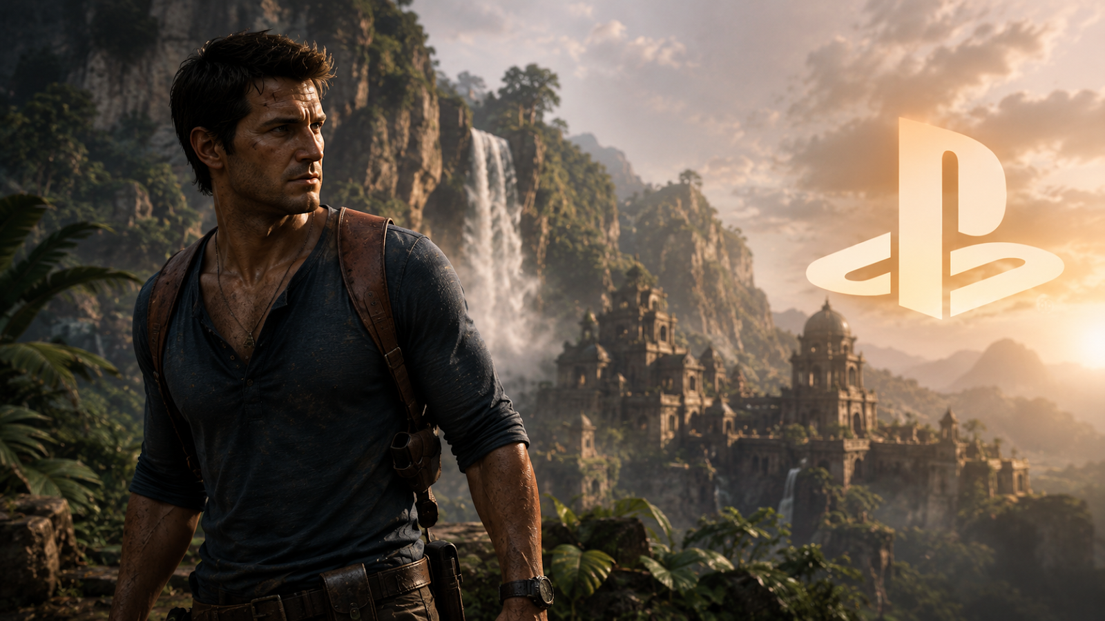 Aventureiro em cenário de selva com ruínas perdidas, cachoeiras gigantes e clima cinematográfico ao pôr do sol. A imagem transmite a expectativa pelo possível novo jogo da série Uncharted no PlayStation, destacando exploração, tesouros antigos e aventuras épicas em mundo aberto.