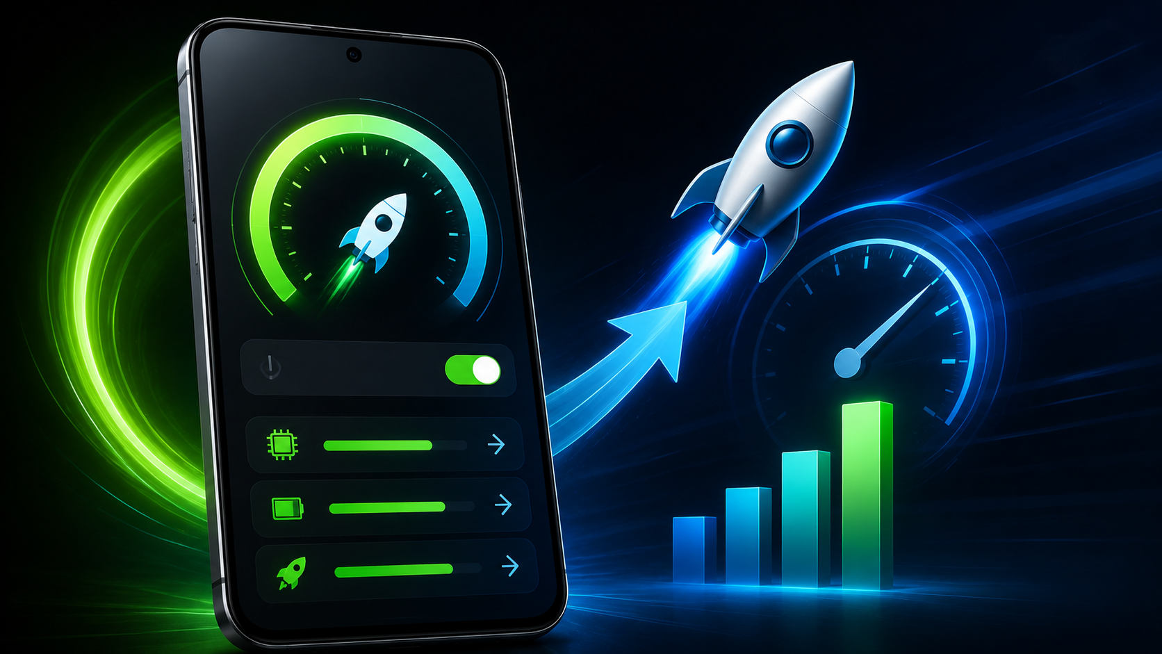 Smartphone exibindo uma interface de otimização de desempenho com indicadores de velocidade, gráficos de crescimento e ícone de foguete em destaque. Efeitos neon em azul e verde criam uma sensação de aceleração e melhoria de performance, representando um recurso oculto capaz de deixar o celular mais rápido e responsivo.