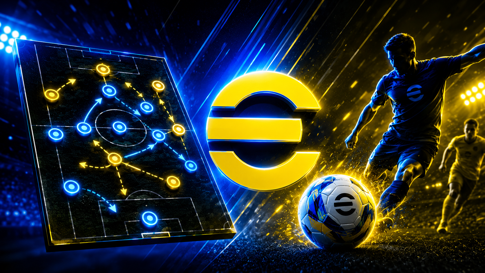 Arte em formato 16:9 inspirada no eFootball, com um quadro tático iluminado em azul e amarelo exibindo formações e movimentações dos jogadores. Ao centro, um símbolo estilizado remete ao universo do game, enquanto um jogador em ação domina a bola em um estádio com iluminação intensa e efeitos de velocidade. A imagem transmite estratégia, competitividade e o conceito de táticas, formações e meta do eFootball, sem excesso de texto na composição.