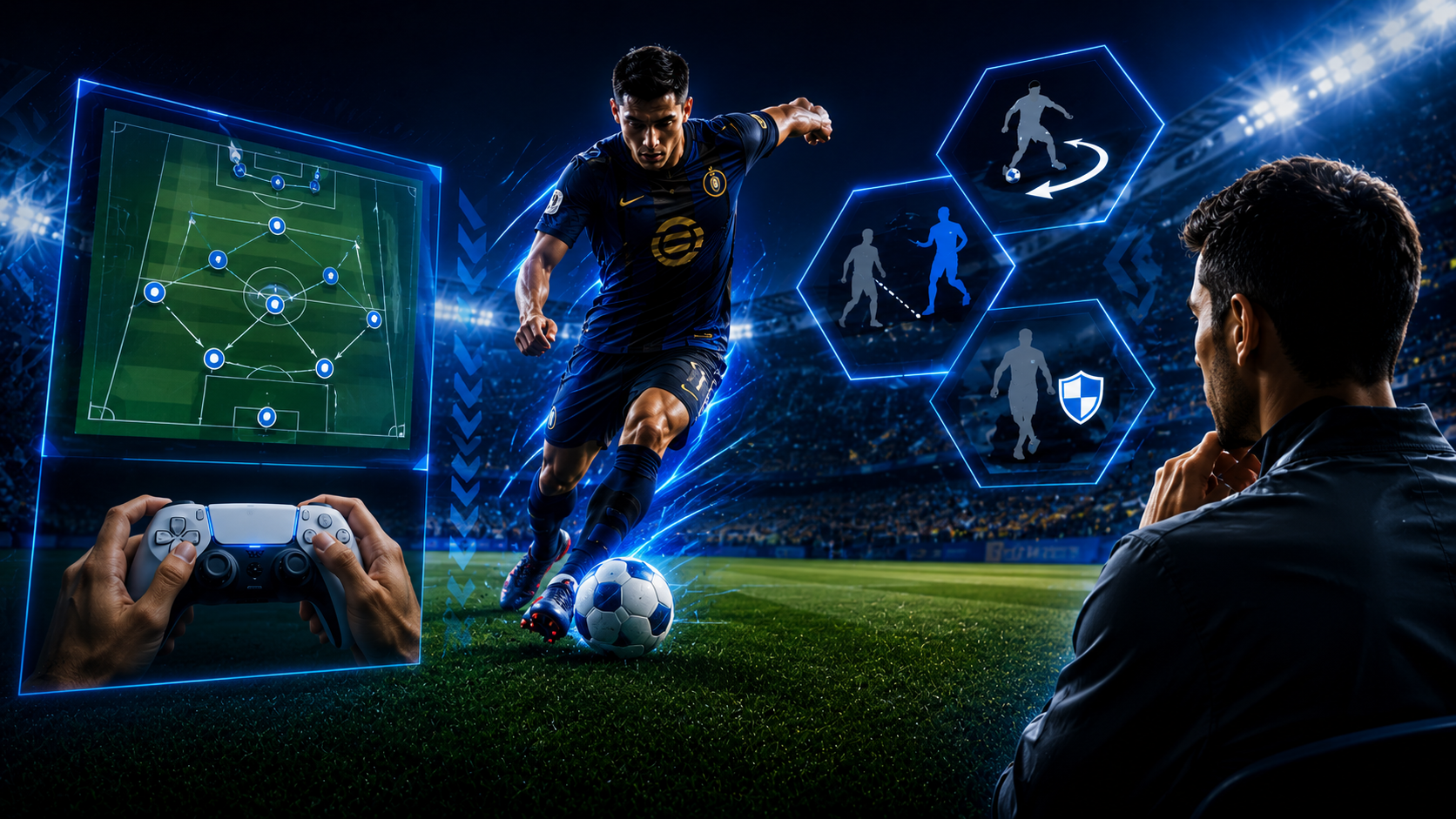 Jogador de eFootball conduzindo a bola em um estádio com painéis digitais exibindo formações táticas, dicas de gameplay e estratégias, enquanto um treinador analisa a partida ao fundo